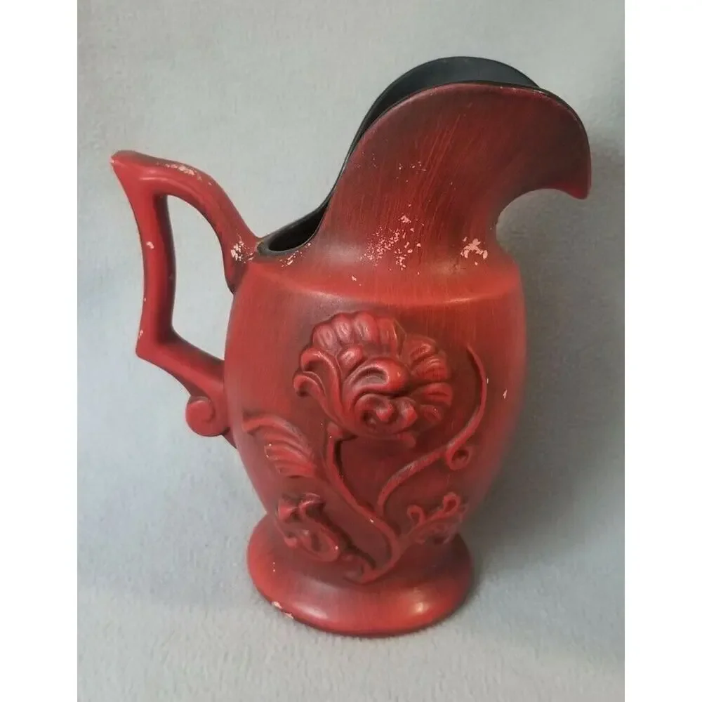 Vintage RARE Royal Haeger Ceramic Red Pitcher Flower Vase Black Interior 3d